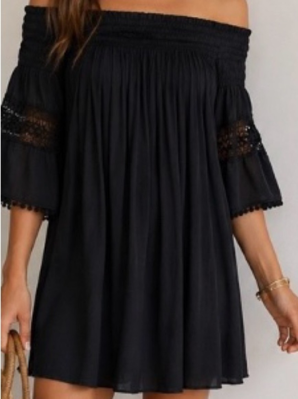 Jennifer Lopez XS Black Off Shoulder Smocked Dress Boho Crochet Lace Romantic